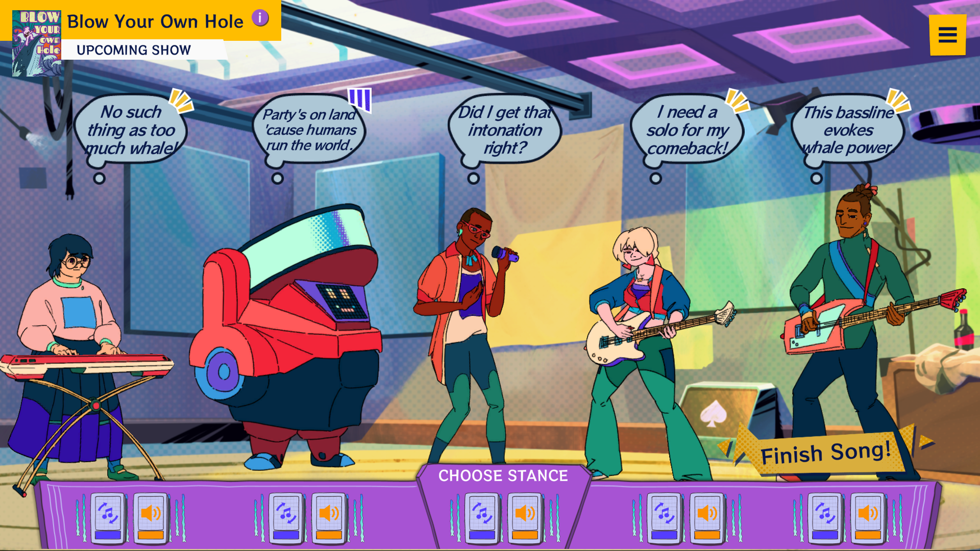 Screenshot: the full band choosing their stance before finishing a song